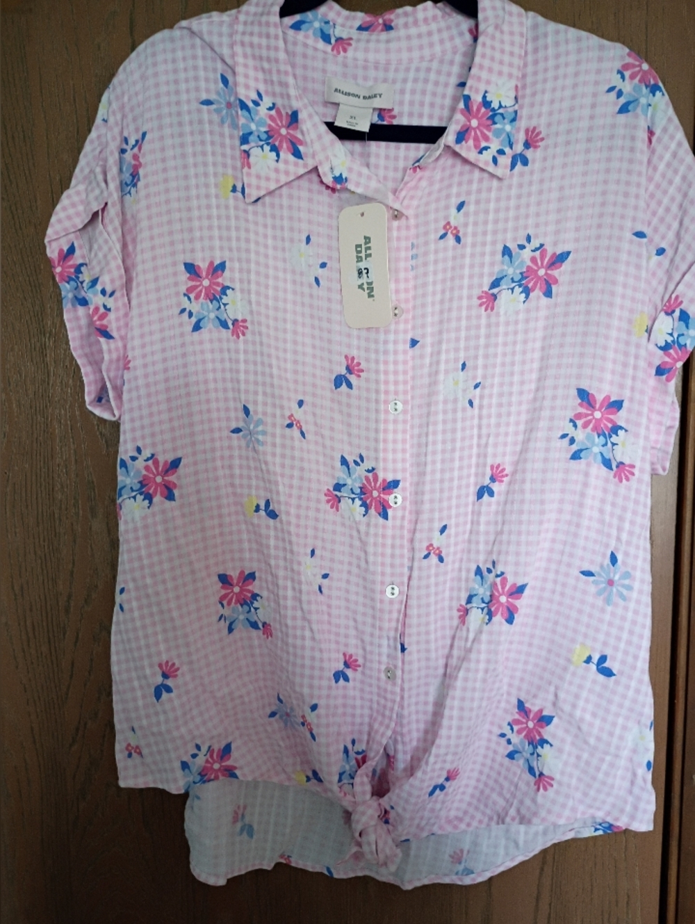Allison Dailey, Pink Gingam/Flower Short Sleeve Top, Knotted Bottom, XL